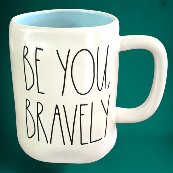 Rae Dunn Be You, Bravely Ceramic Coffee Mug with Blue Interior. New- 16 ounces. - Picture 1 of 4